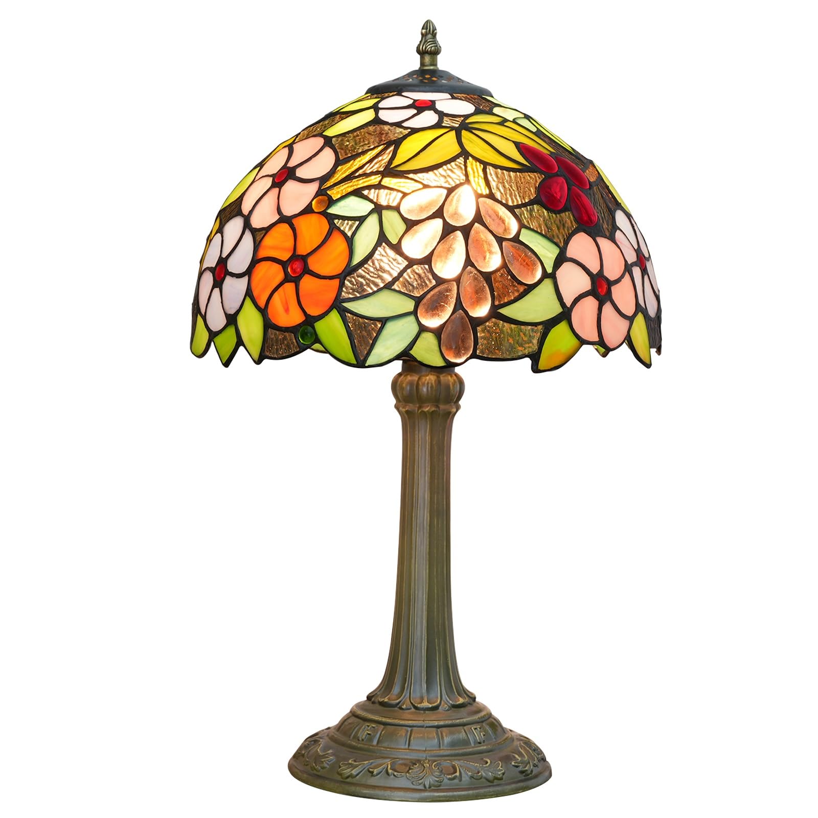 HJRegaFimu 12 Inches Lamp Stained Glass Table Lamps Grape Flowers Vintage Style Nightstand Reading Desk Light For Bedside Bedroom Living Room Art Deco