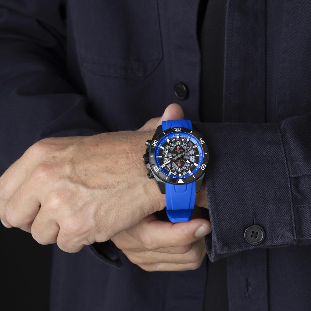 LOTUS Reloj Hombre Analógico de Caucho Azul | Movimiento de Cuarzo, Cronógrafo, Calendario, Cristal Mineral de Alta Resistencia, Resistente al Agua 10 ATM 18945/2 Vortex