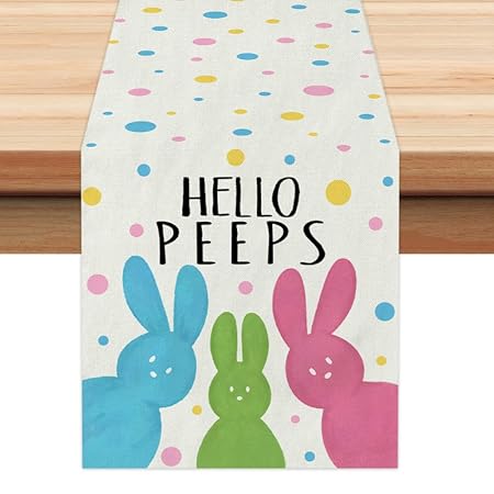 ARKENY Easter Table Runner 72 Inches, Rabbit Happy Peeps Coffee Home Dining Indoor Seasonal Spring Holiday Farmhouse Tabletop Decor AT371