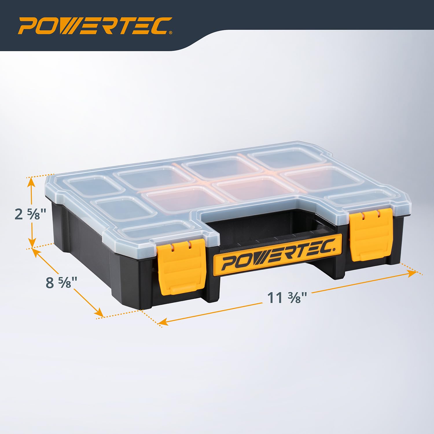 POWERTEC Organizer per piccole parti e cassetta degli attrezzi, 10 scomparti, impilabile con divisori rimovibili, coperchio trasparente, design portatile, confezione da 3 (72117-P3)