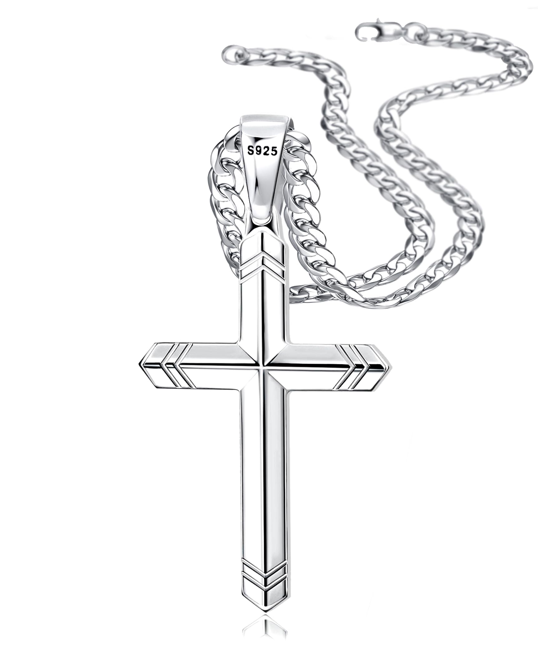 925 Sterling Silver Cross Necklace for Men Women, 5MM Durable Stainless Steel Non Tarnish Cuban Link Curb Chain with Silver Cross Pendant, Mens Cross Crucifix Necklaces Jewelry 16-30 Inches