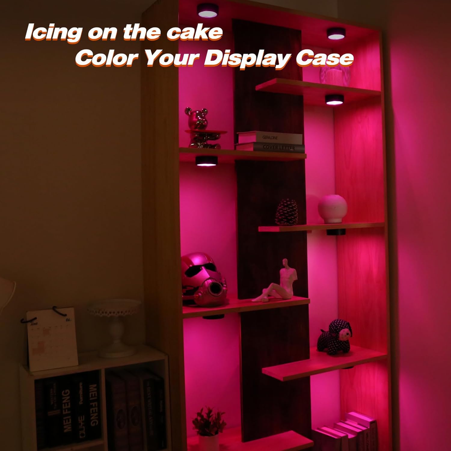 Puck Lights with Remote Timer, Under Cabinet Kitchen Lights Battery Operated LED Lights, Stick on Shelf Lights Wireless Counter Lights, RGB Color Changing Display Lights, 2 Pack Black
