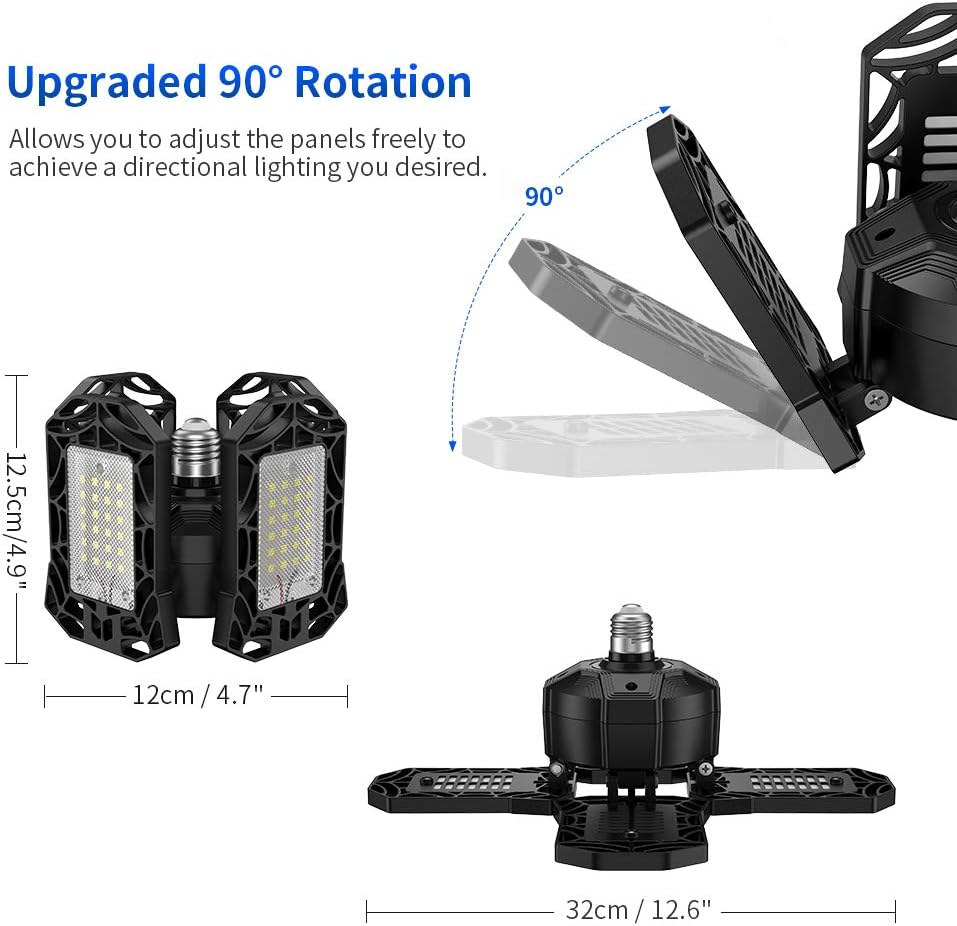120W LED Garage Lights 2 Pack - 12000LM 6500K Deformable LED Garage Ceiling Lighting Fixture with 4 Adjustable Panels - E26/E27 LED Light for Garage,Basement,Shop, Workshop, Barn, Warehouse, Yard