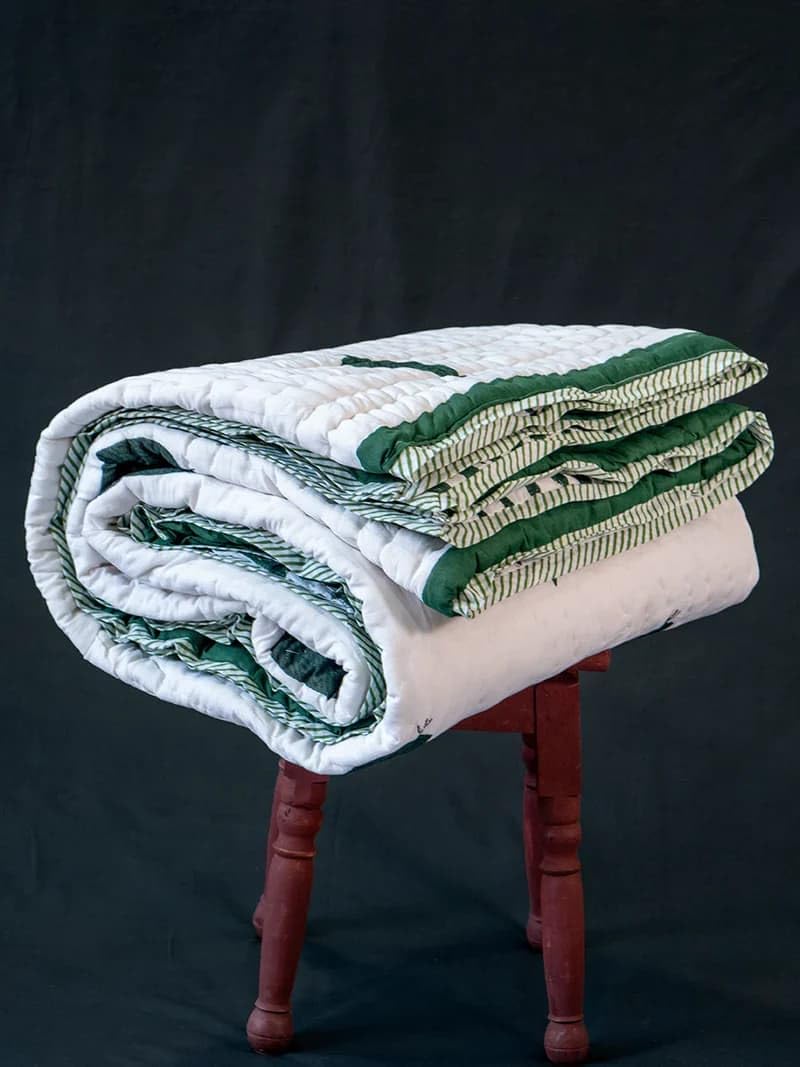 Organic Mulmul Cotton Quilt- Elle, Hand Block Printed, 100% Surgical Cotton (Double)-picture-10