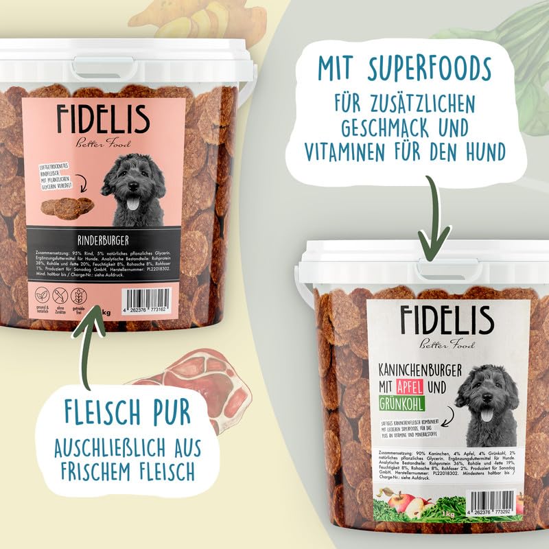 Fidelis - Pferdeburger Häppchen Kürbis & Birne für Hunde im praktischen 1kg-Eimer - Luftgetrocknete Hunde Leckerlis aus 100% natürlichen Rohstoffen