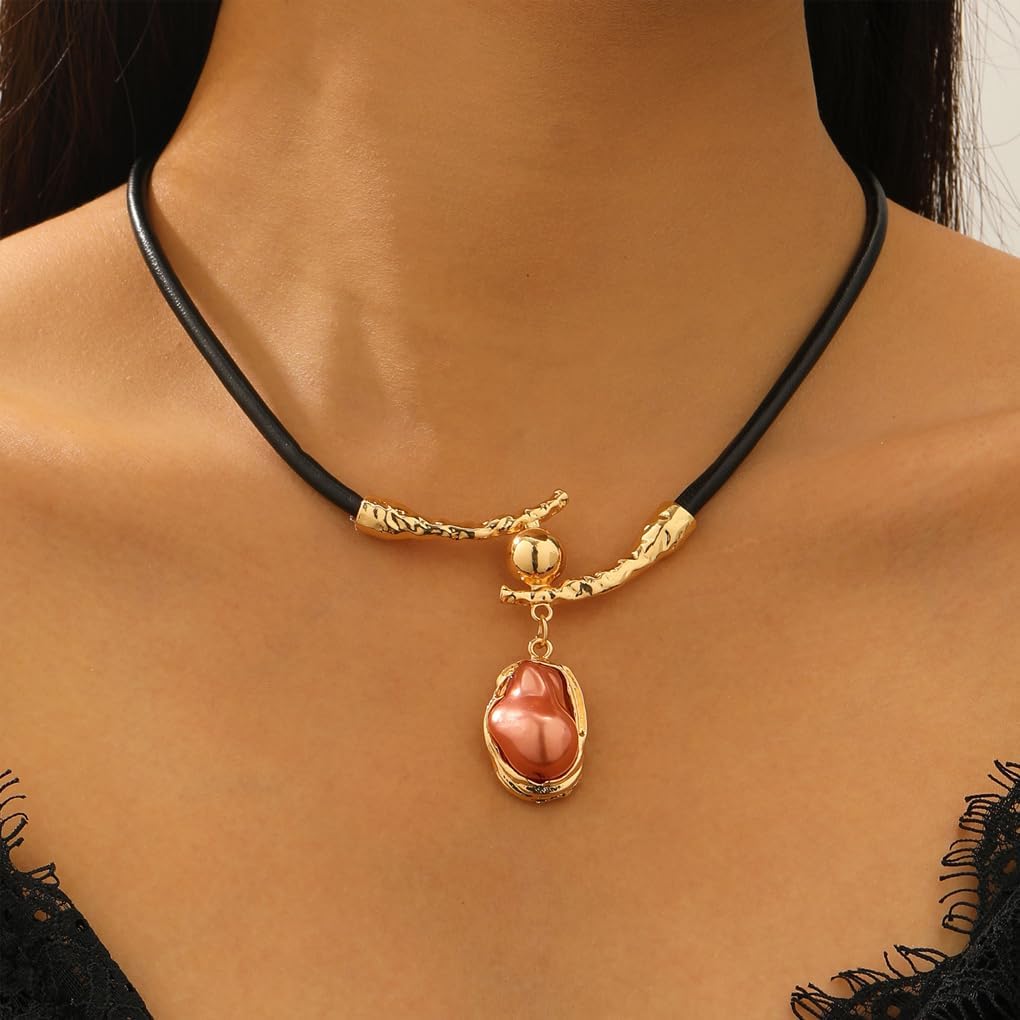 Pearl Statement Necklace for Women,Large Baroque Pearl Leather Chain Necklace for Wedding Bridal,Trendy Vintage Jewelry Accessories - Image 2