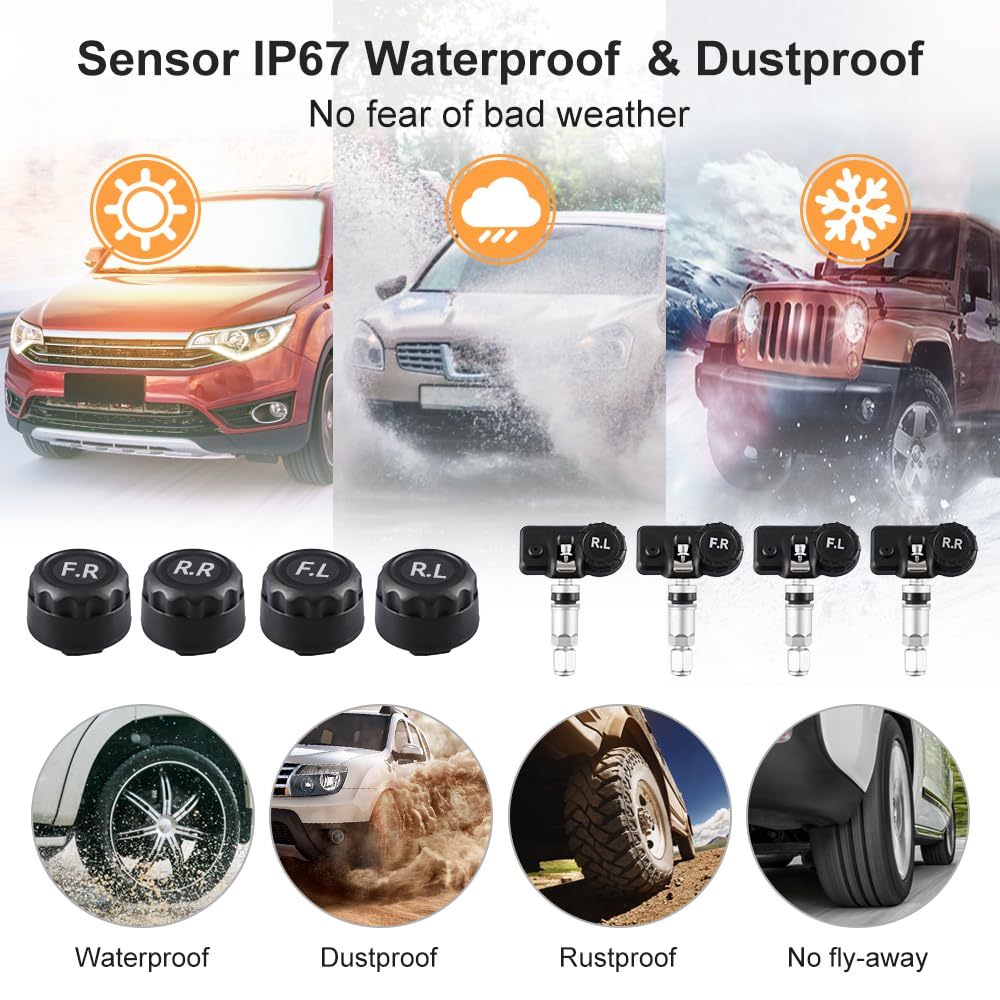 Tpms Sistema di monitoraggio della Pressione dei Pneumatici for Auto con sensore Solare Sensori Esterni della Pressione dei Pneumatici for 4 Ruote Pressione Pneumatici(T3 Internal)
