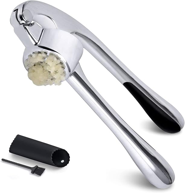 JmeGe Garlic Press with Silicone Garlic Peeler and Cleaning Brush- Professional Stainless Steel Garlic & Ginger Mincer and Crusher Set,Soft Easy-Squeeze Ergonomic Handle,Easy to Use & Clean-Zinc alloy