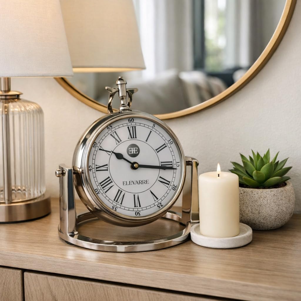 Polished Metal Desk Clock for Home Decor - Modern Round Clock for Living Room, Office, Table or Mantel Display - Small Office Accent with Classic Roman Numerals and Sleek Finish - 10", Silver