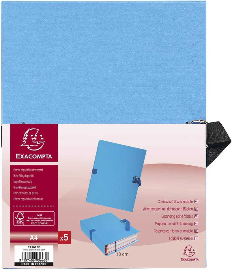 Exacompta - Ref 223020E - Expanding Folder - 240 x 320mm in Size, Suitable for Storing A4 Documents, Expands Up to 13cm, Coloured Canvas with Matching Strap - Light Blue (Pack of 5)