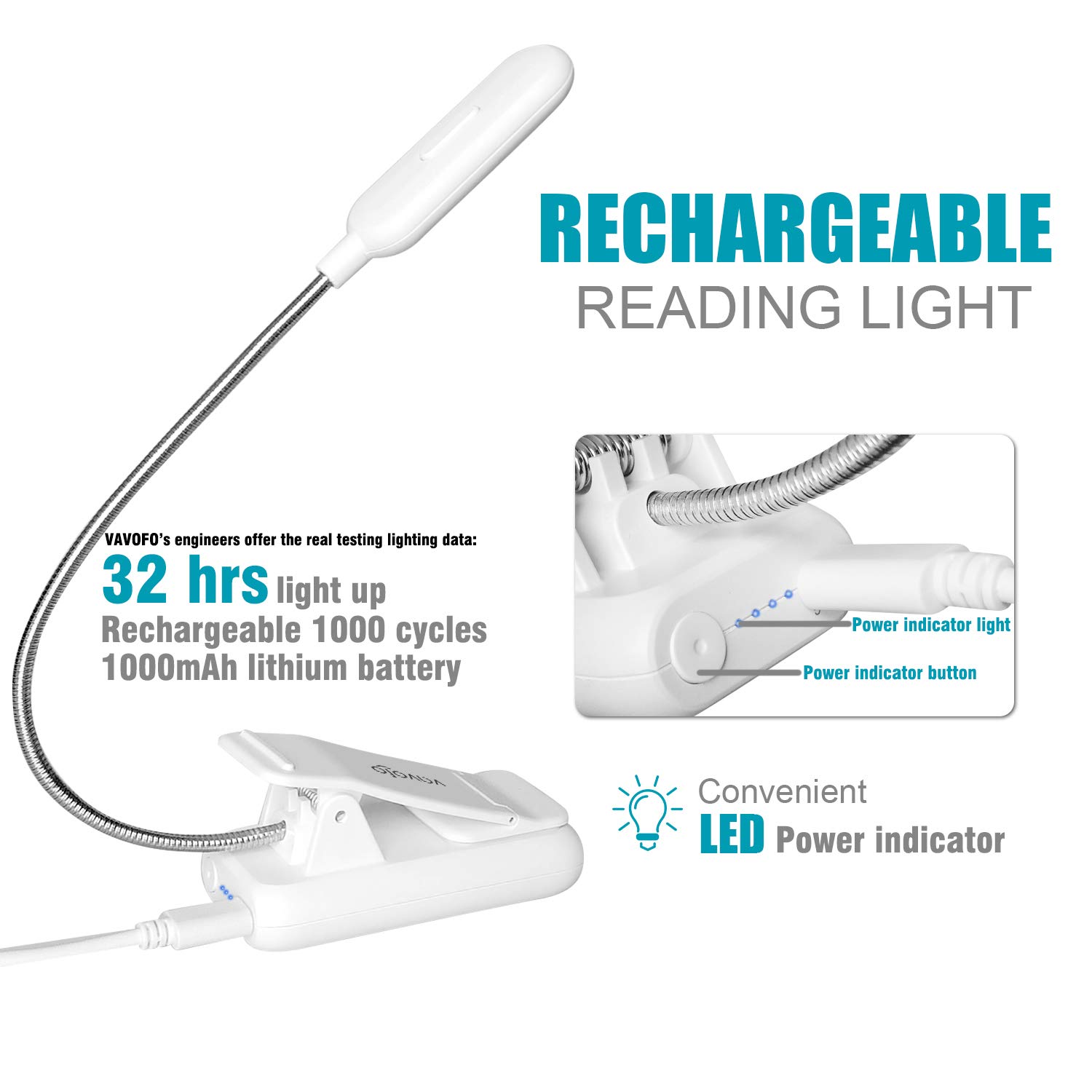 VAVOFO Luce da lettura ricaricabile con clip, 7 LED con 9 livelli di luminosità per leggere a letto, mini luci da lettura per scrivania e studio per topi di biblioteca (confezione da 2)