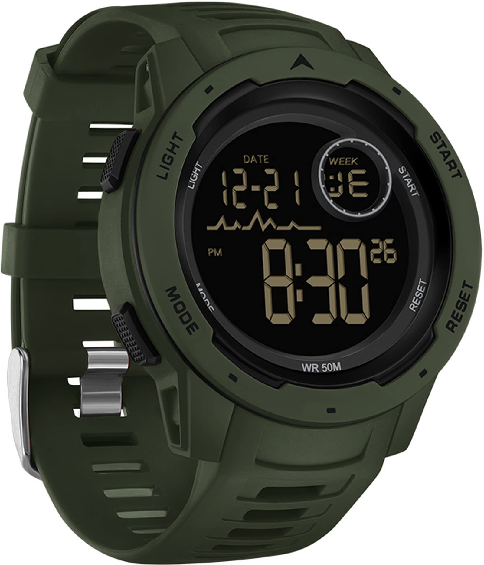 findtime Green Digital Watch Men Women Watches Running Swimming Waterproof Reloj para Hombre Mens Military Tactical Sports 5ATM LED Back Ligh/Alarm/Date/12/24H Stopwatch Outdoor Unisex