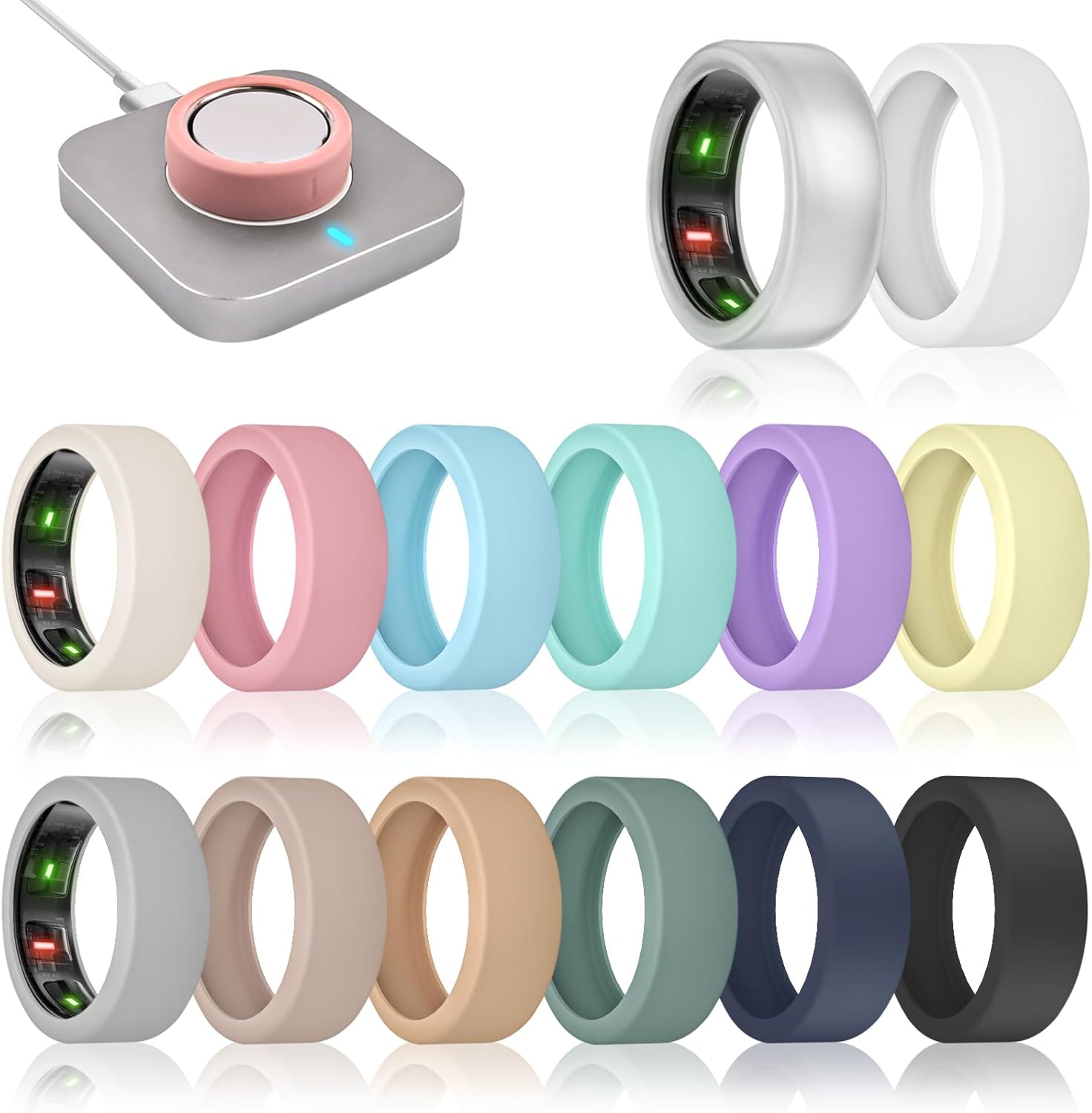 14 Pack Ring Cover Compatible with Oura Ring Gen 4/Gen 3 Horizon/Gen 3 Heritage, Ultra-Thin Anti-Scratch Silicone Ring Case for Women Men, Support Charging with Cover on 14 Pack - 01 M (11/12/13/14/15)