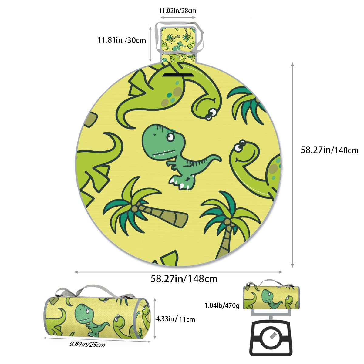 Shimoshe Cartoon Cute Dinosaur Picnic Outdoor Blanket Foldable Waterproof Sandproof Beach Blanket Portable Water-Resistant Round Picnic Mat for Travel Camping Park Lawn