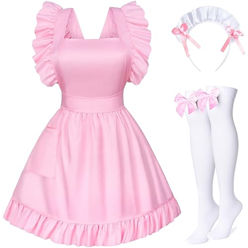 TOKYO REVENGERS Adjustable Retro Ruffle Maid Costume Apron Pockets With French headdress Socks set - One Size - Style2 Pink
