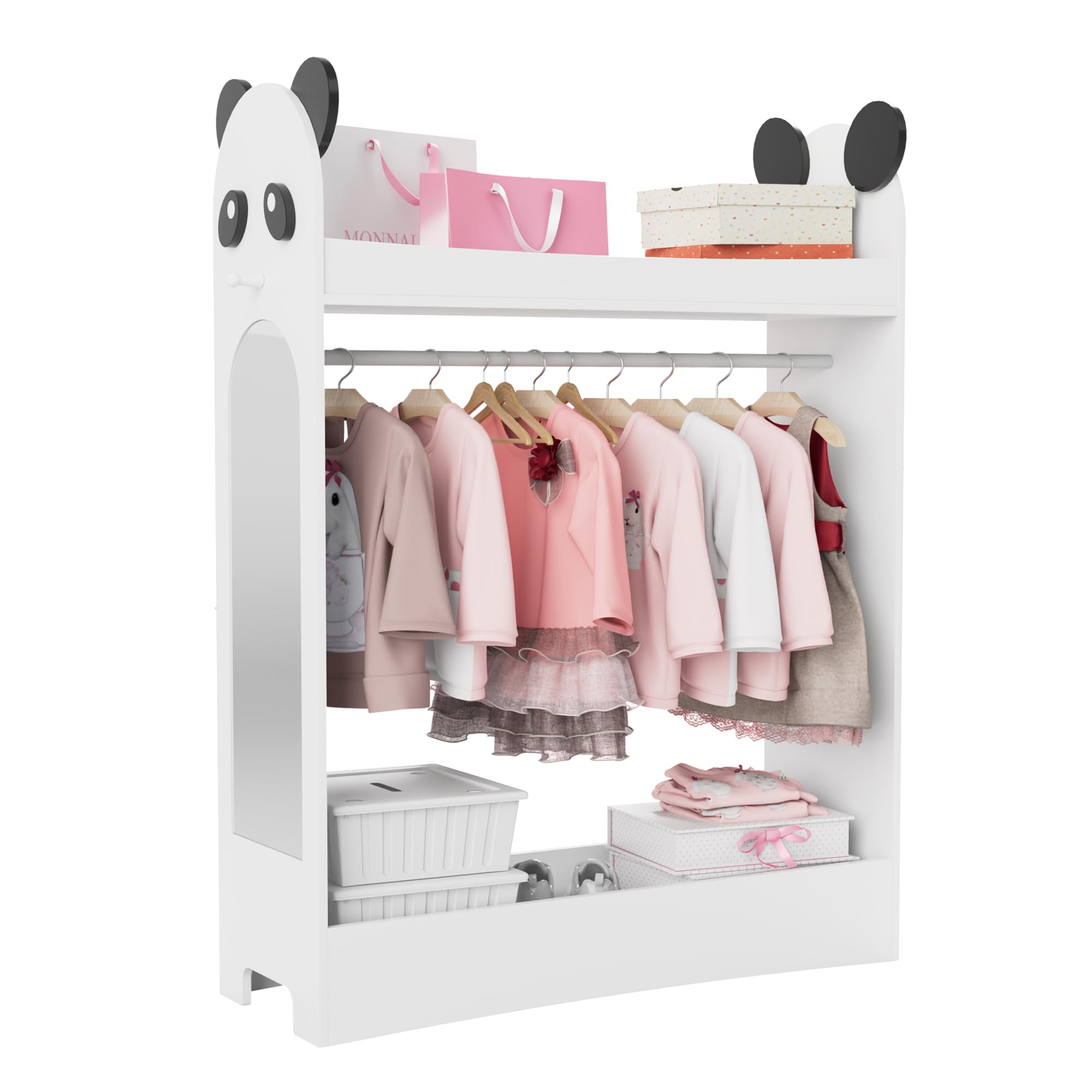 Hironpal Kids Wardrobe with Mirror Baby Wardrobe, Open Hanging Children Dress Up Storage with Storage Shelf for Bedroom Kids Clothes Rail (Panda, No Drawer, White)