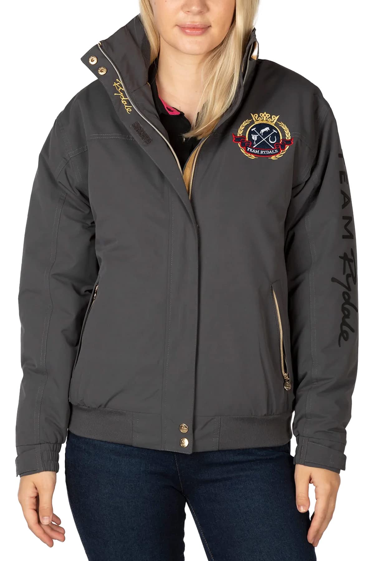 Rydale Ladies Bomber Jacket Women’s Short Coat Emblem Riding Equestrian Jackets 5 Colours (as8, numeric, numeric_14, regular, regular, Dark Grey)