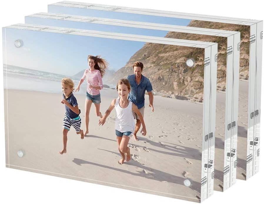 SYOSI 4x6 Acrylic Picture Frames 3 Pack, , Thicker Block, Freestanding Double Sided Magnetic Acrylic Frameless Transparent Square Frame for Desktop Display
