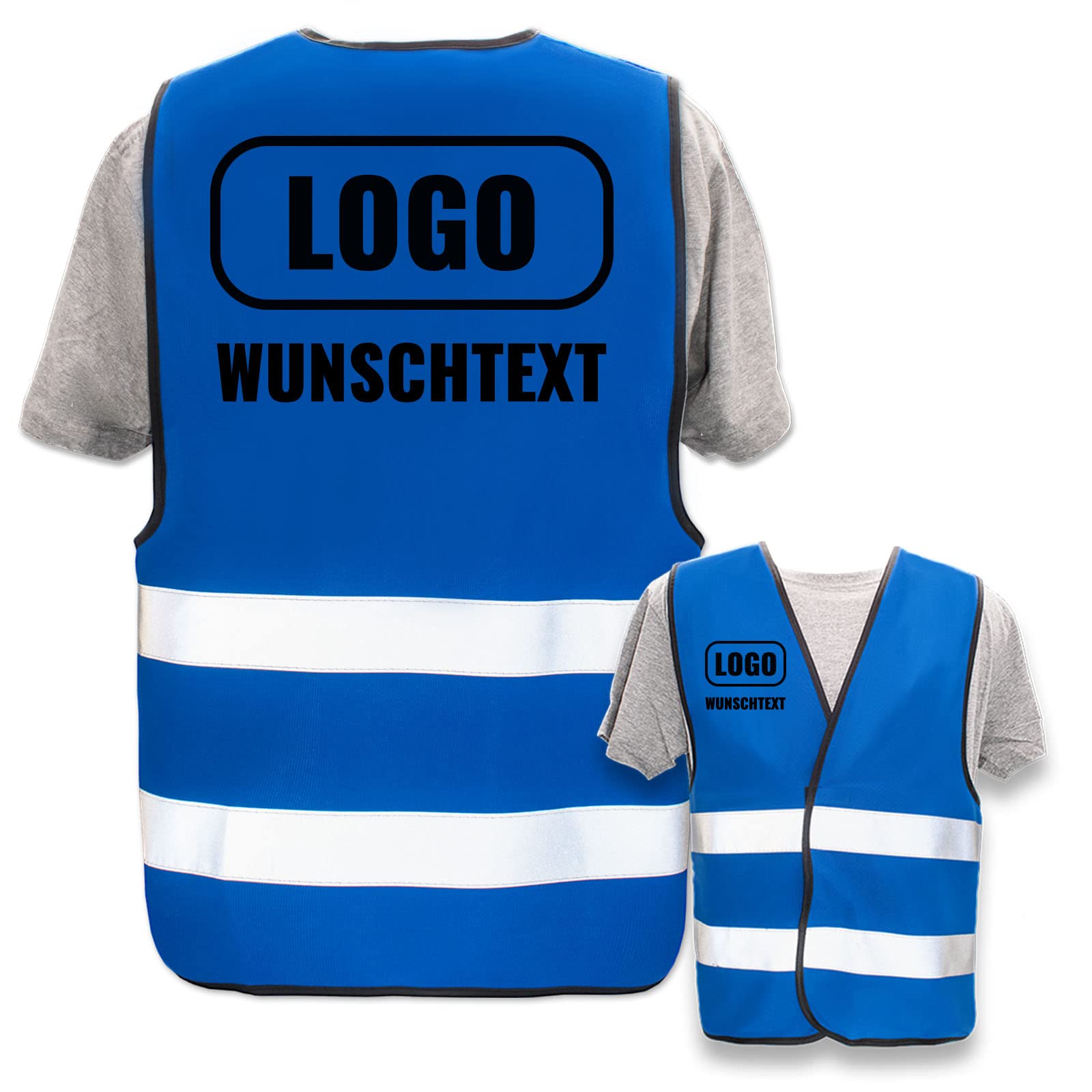 Persönliche Warnweste selbst gestalten mit eigenem Aufdruck * Bedruckt mit Name Text Bild Logo Firma * Anzahl: 20 Warnwesten * Farbe/Druck: Blau/Rücken + rechte Brust