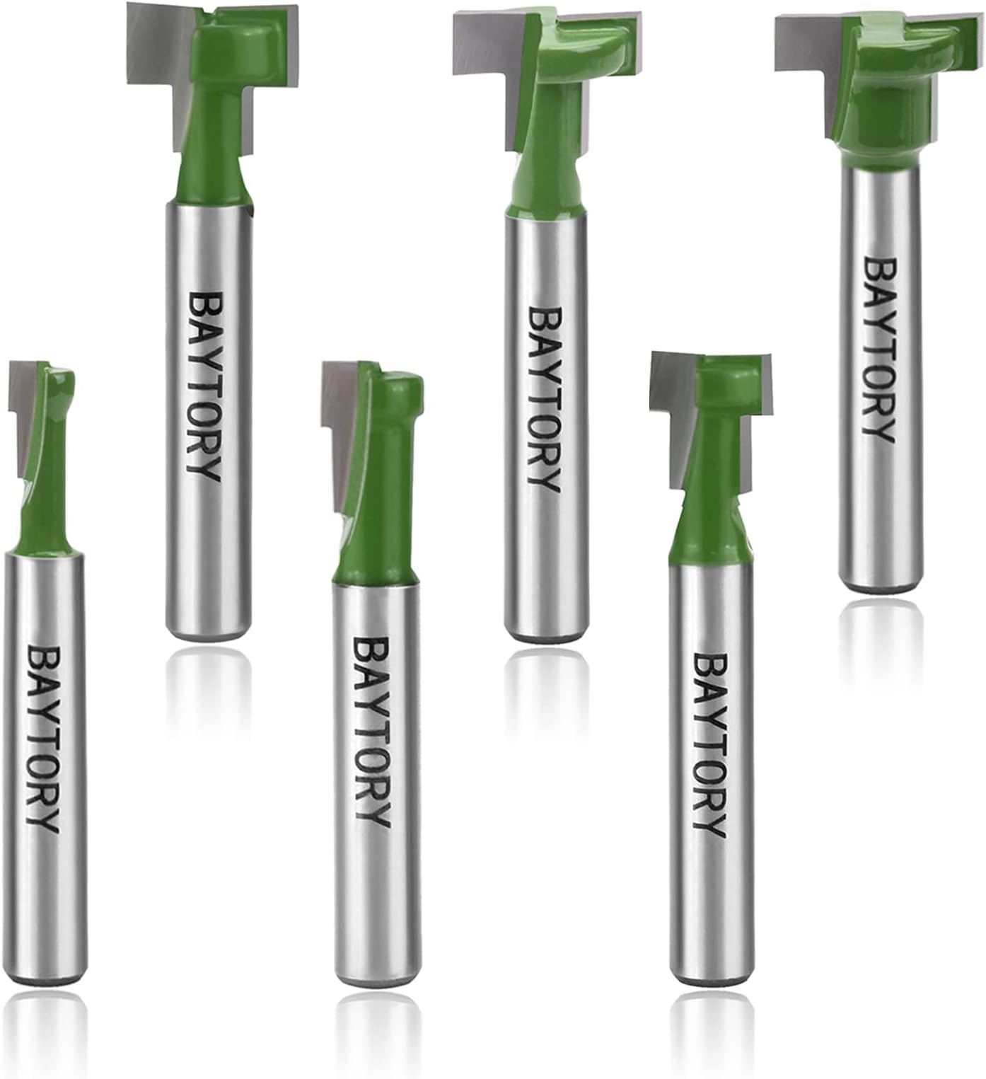 BAYTORY 6Pcs Keyhole Router Bits Set, 1/4" Shank Router Keyhole Bit Set -1/4 & 5/16 & 3/8 & 9/16 & 1/2 & 5/8 inch Blade Diameter for Wood Hex Bolt T-Track Slotting Milling Cutters Set (Green)