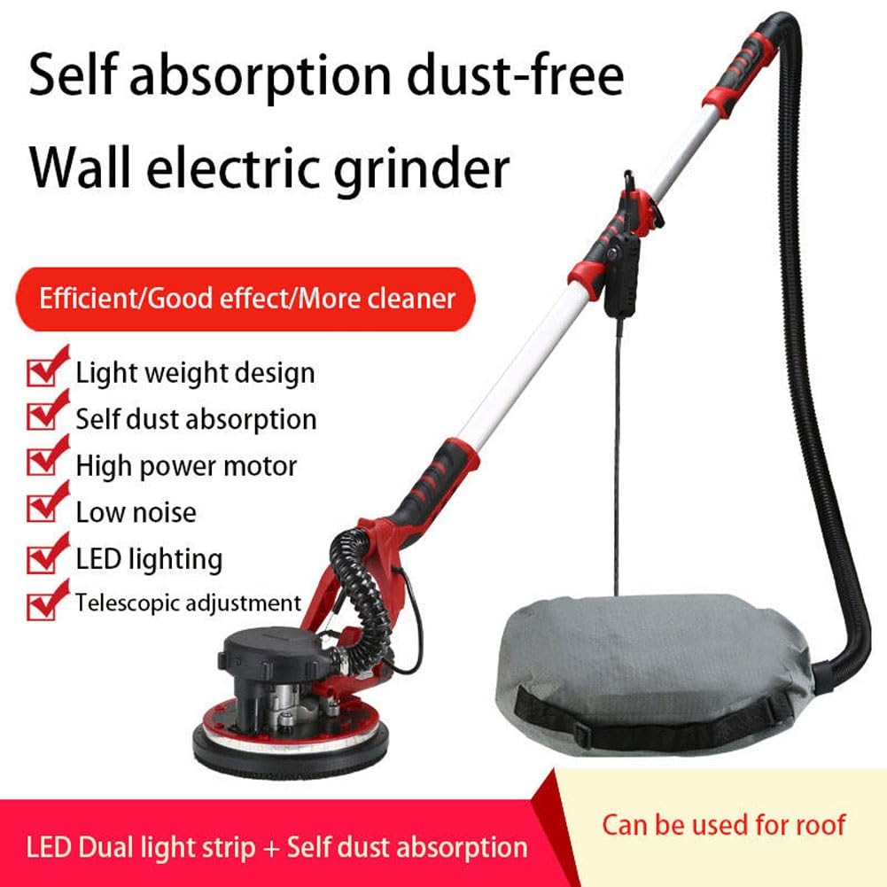 Lijadora eléctrica de pared con accesorio de vacío, lijadora de yeso de 1390 W, 50 discos de lijado, velocidad variable, mango extensible, luz LED para proyectos de techo