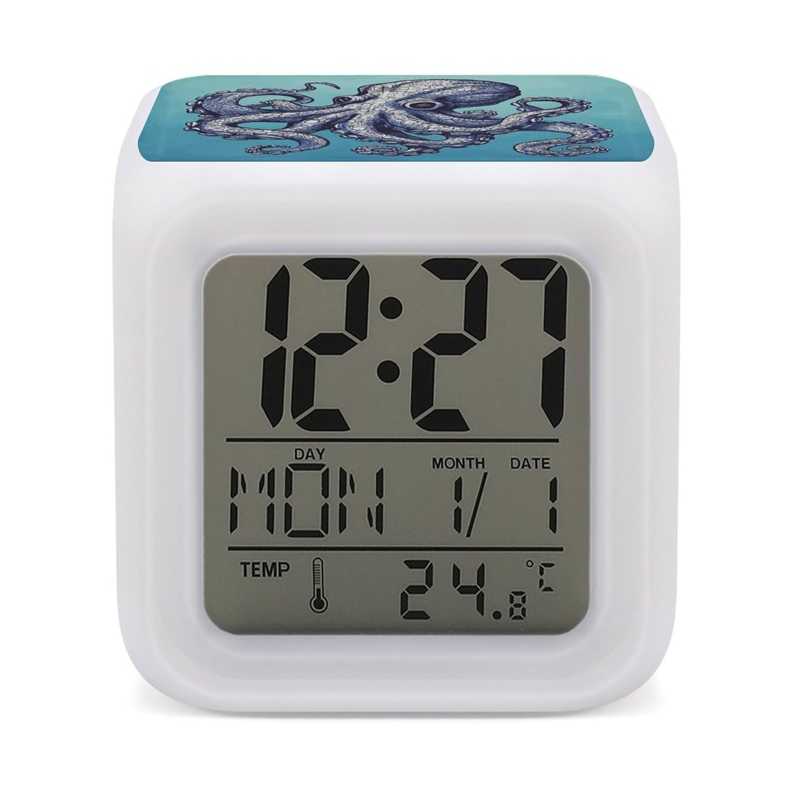 JTREHY 7 Color Changing LED Digital Alarm Clock,Octopus Design Printed Wake-up Clock with Temperature Display Home Decoration Alarm Clock for Bedroom Office