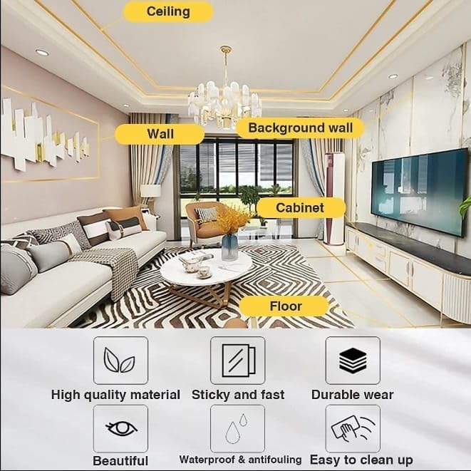 KANAKADHARA 50 Meters Tile Decoration Golden Tape, Home Floor Wallpaper Waterproof Tiles gap Stickers for Floor, Gap Sealing Self-Adhesive Tape Strip for Wall, Cabinet, Kitchen (0.50 CM Wide,50M) 3