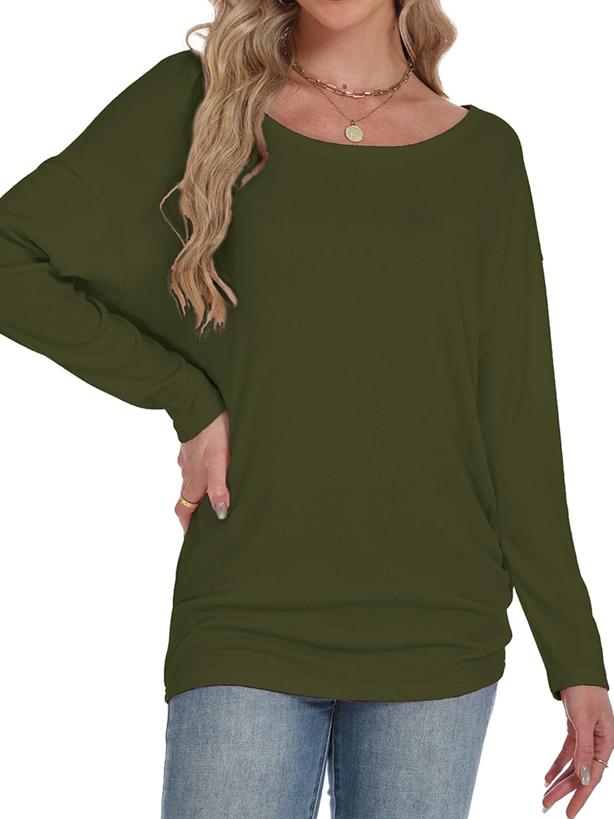 Eniloyal Off Shoulder Oberteil Langarmshirt Damen Fledermaus Oversized Pullover Sexy Basic Schulterfreies Shirts Herbst