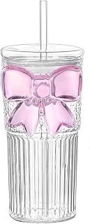Glass Cups with Lids and Straws Iced Coffee Tumbler Cups with Lids Clear Cute Smoothie Juice Bubble Tea Water Cold or Hot Drinking Glasses Travel Mug with Pink Bow 20 oz High Borosilicate