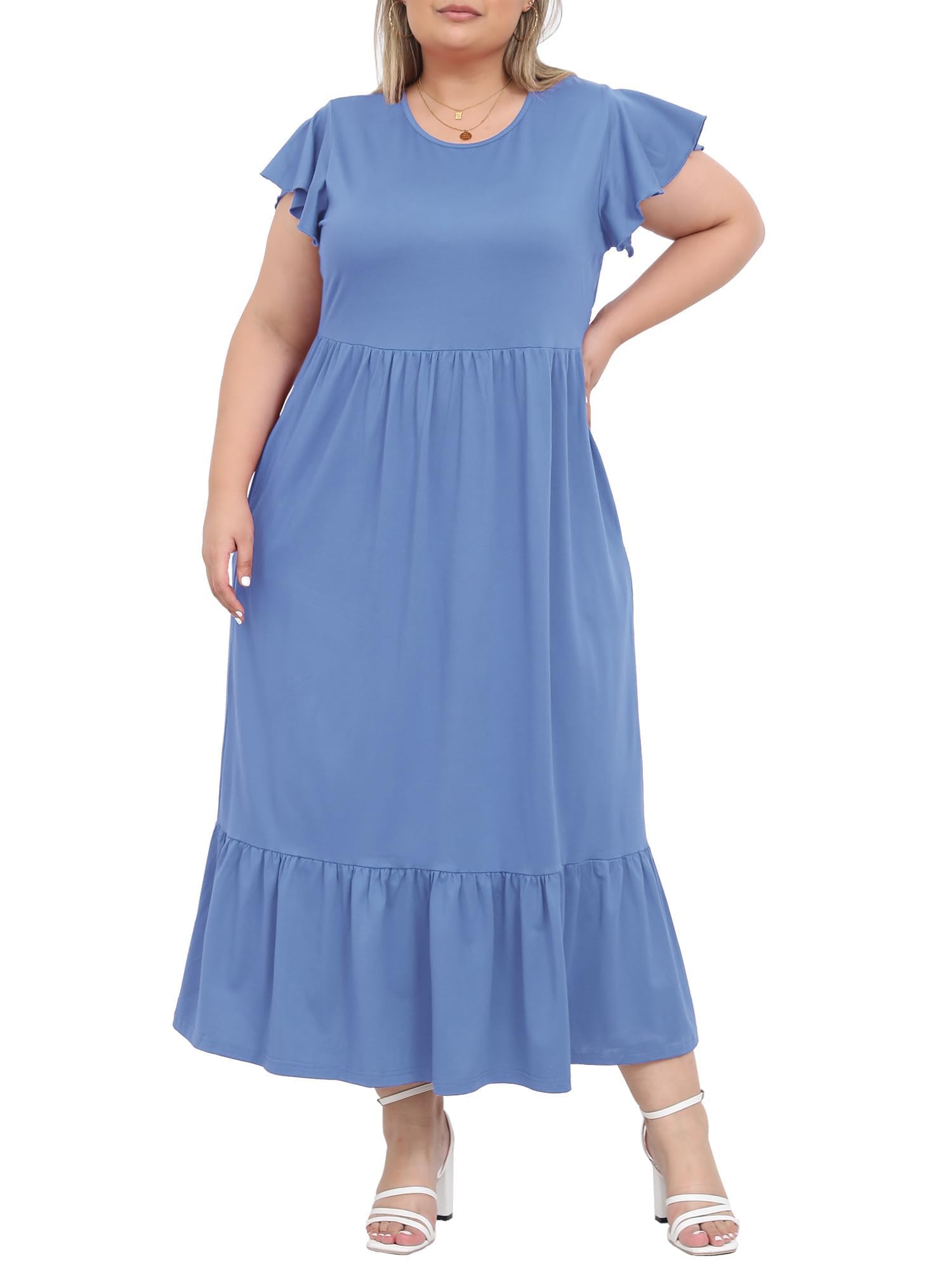 Moon Wood Damen Sommerkleid Lang Freizeit Maxikleid Curvy Blumenkleid mit Kurzarm und Taschen Große Größen