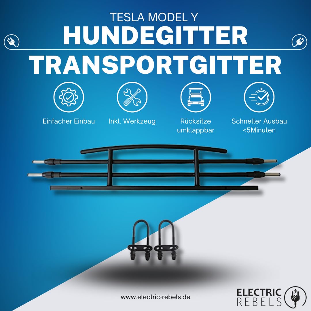 Electric Rebels Hundegitter/Transportgitter – kompatibel mit Tesla Model Y (auch Juniper) – stufenlos verstellbar, komplettes Montage-Set, ruhiger & sicherer Schutz für Hunde und Fahrer
