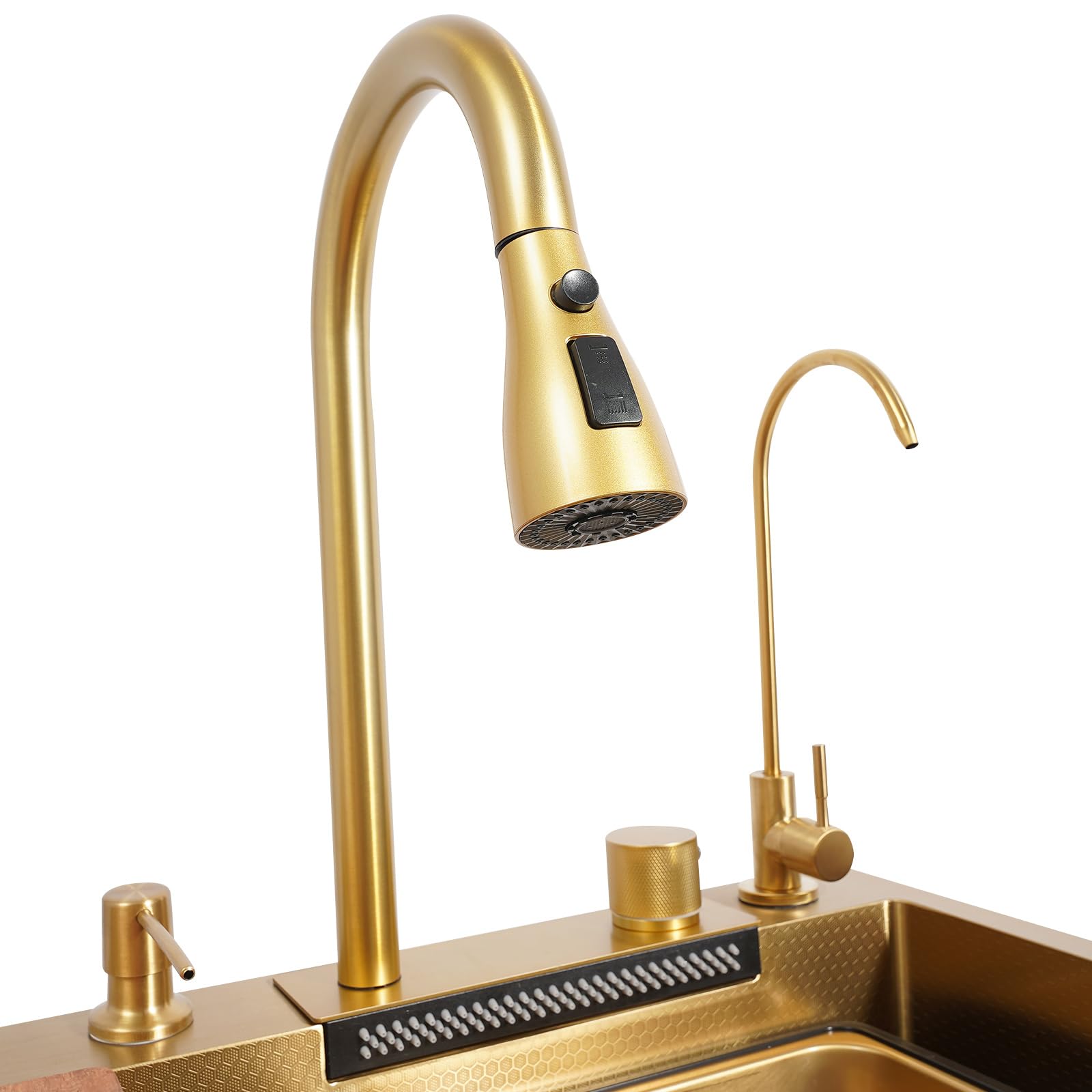 Spülbecken Küche, Kitchen Sink Modern Edelstahl Küchenspüle Wasserfall, Drei Wasserauslaufmodi, Multifunktionale spülbecken mit Ausziehbarer Wasserhahn und Entwässerungskomponente (Gold)