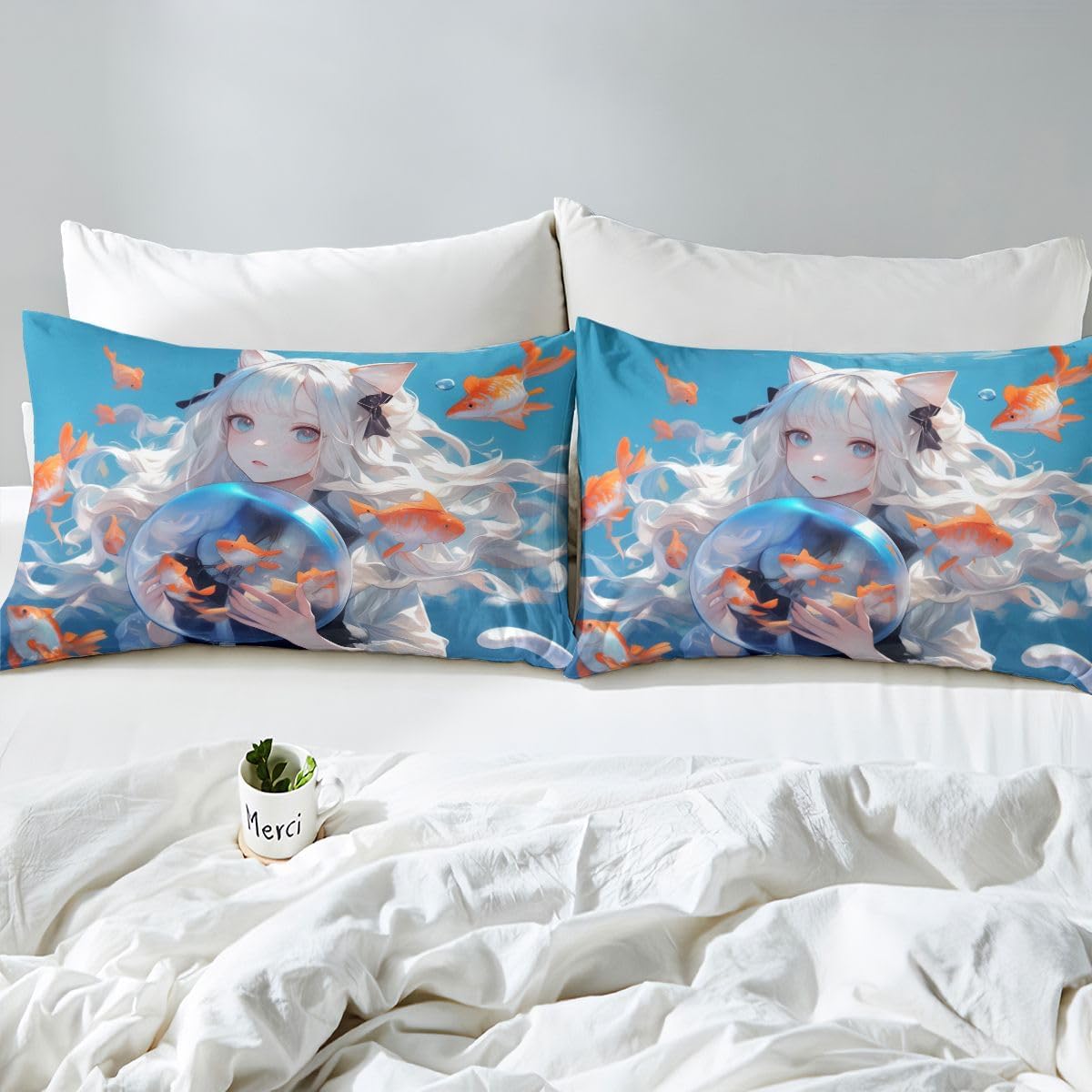 Japanese Girl Fitted Twin 2Pcs Anime Printed Design Bedding Sets, Kawaii Girls Boys Decorations Sheets (No Top Sheet)