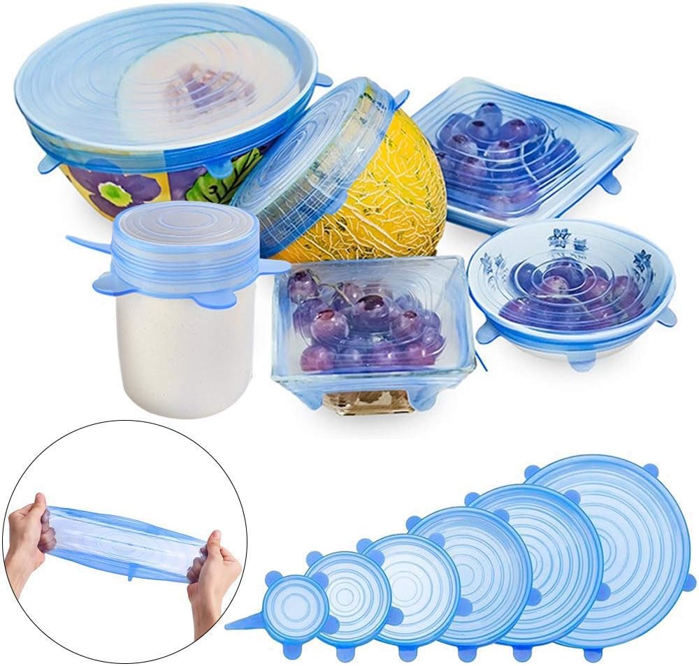 Silicone Stretch Lids, 6-Pack Reusable Storage Food Covers, Stretchy to Fit Various Shapes Of Containers, Microwave and Dishwasher Safe, Blue