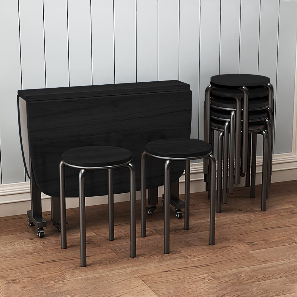 Set di 4 sgabelli impilabili, altezza 45,7 cm, con schienale rotondo, in legno, portatili, impilabili, con struttura in metallo, colore: nero