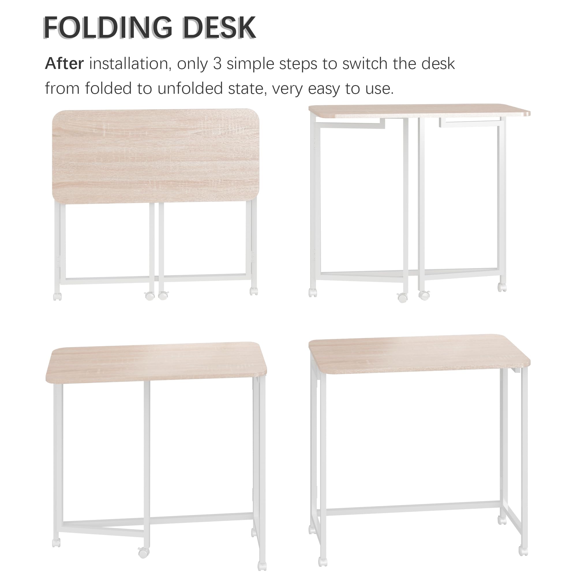 Escritorio móvil pequeño para computadora de 27.5 pulgadas, mesa plegable para computadora portátil con ruedas, escritorio de oficina portátil para sofá cama de espacio pequeño, color natural y 6