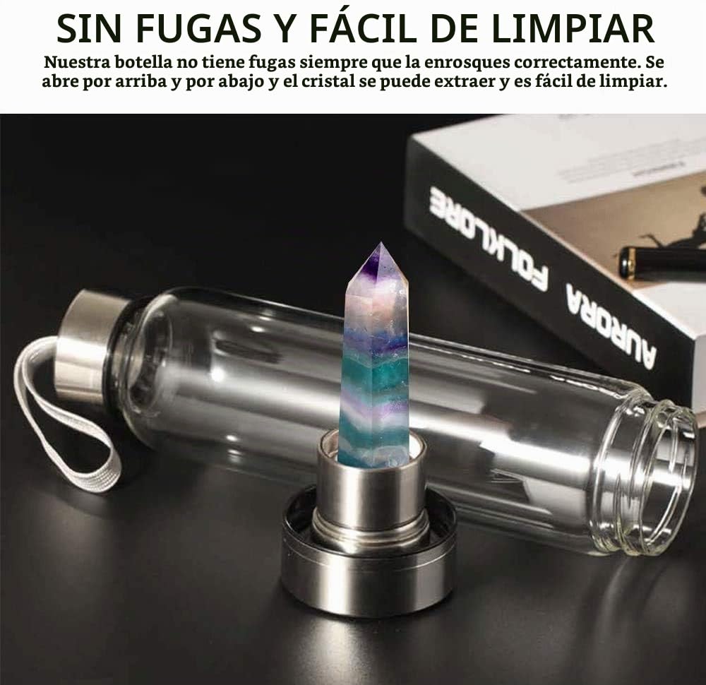 Natural Cristal Botella de Agua, Botella de Cristal con Gemas de Cristal extraíbles,Prueba de Fugas Agua portátil Curativo de Cuarzo Botella 550ML (Fluorita Colorida)