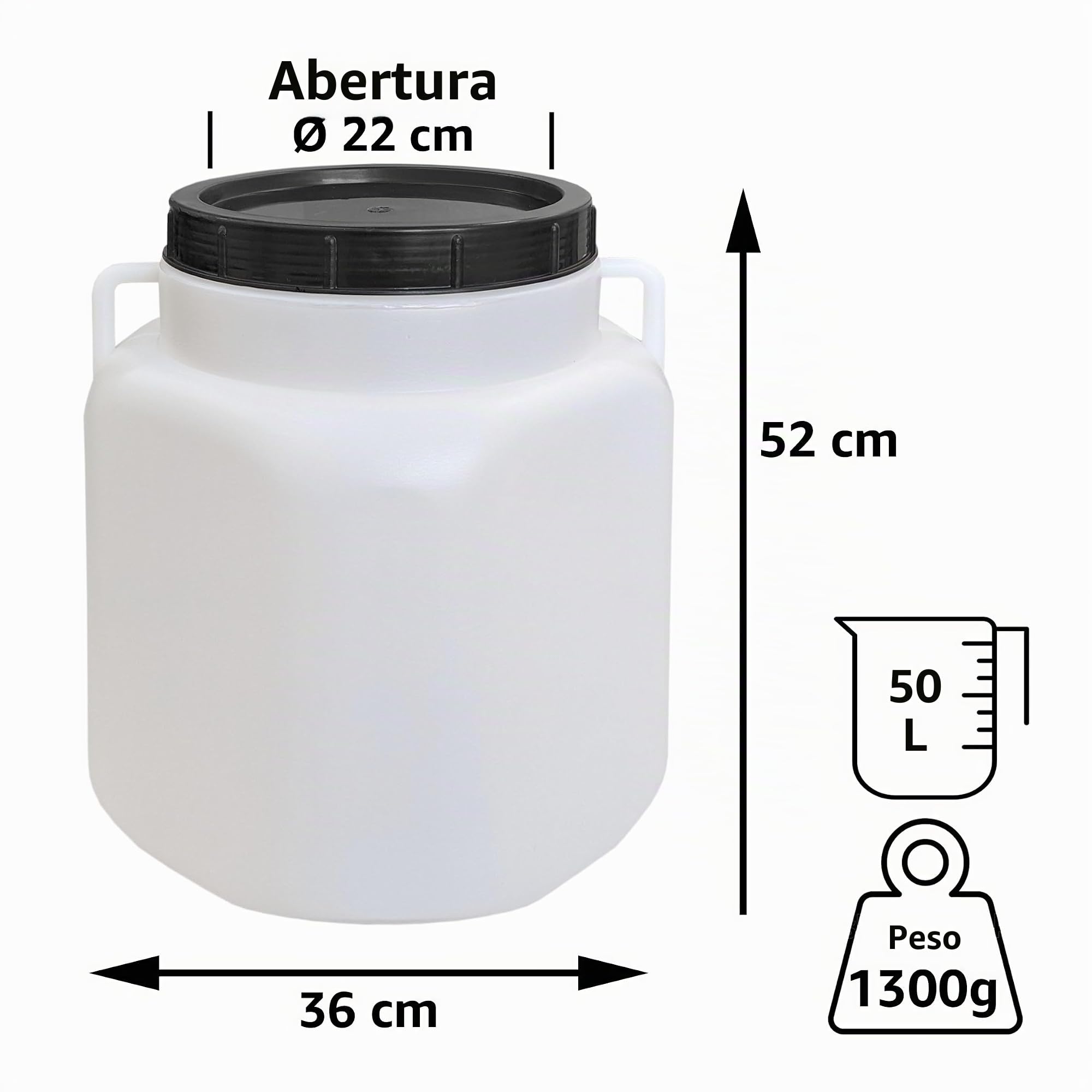 plasteo® Barril de boca ancha de 50 litros con tapa y asas, rectangular, natural, apto para alimentos y sin BPA, barril de plástico universal, barril de agua, barril de lluvia, barril de