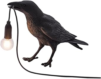 Gothic Raven Table Lamp with E14 Base - Lifelike Crow Bird Desk Light for Bedroom, Bedside & Home Decor - Animal Styling Resin Gothic Lamp Black