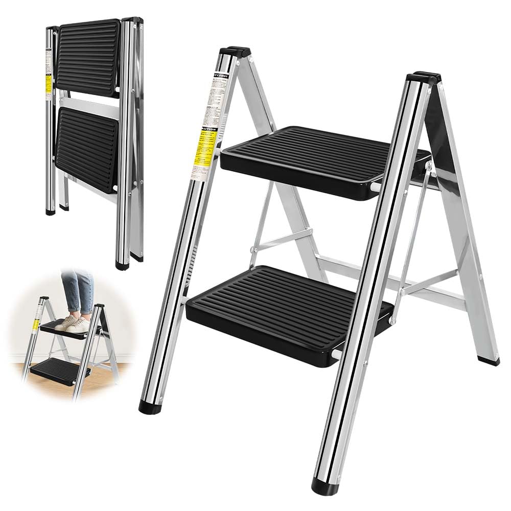 Step Ladder Stool, 2 Step Ladder with 2 Non-Slip Steps, Anti-Slip Large Platform, Household Stepladder with Multi-function, Max.Load Capacity 150 kg, Black