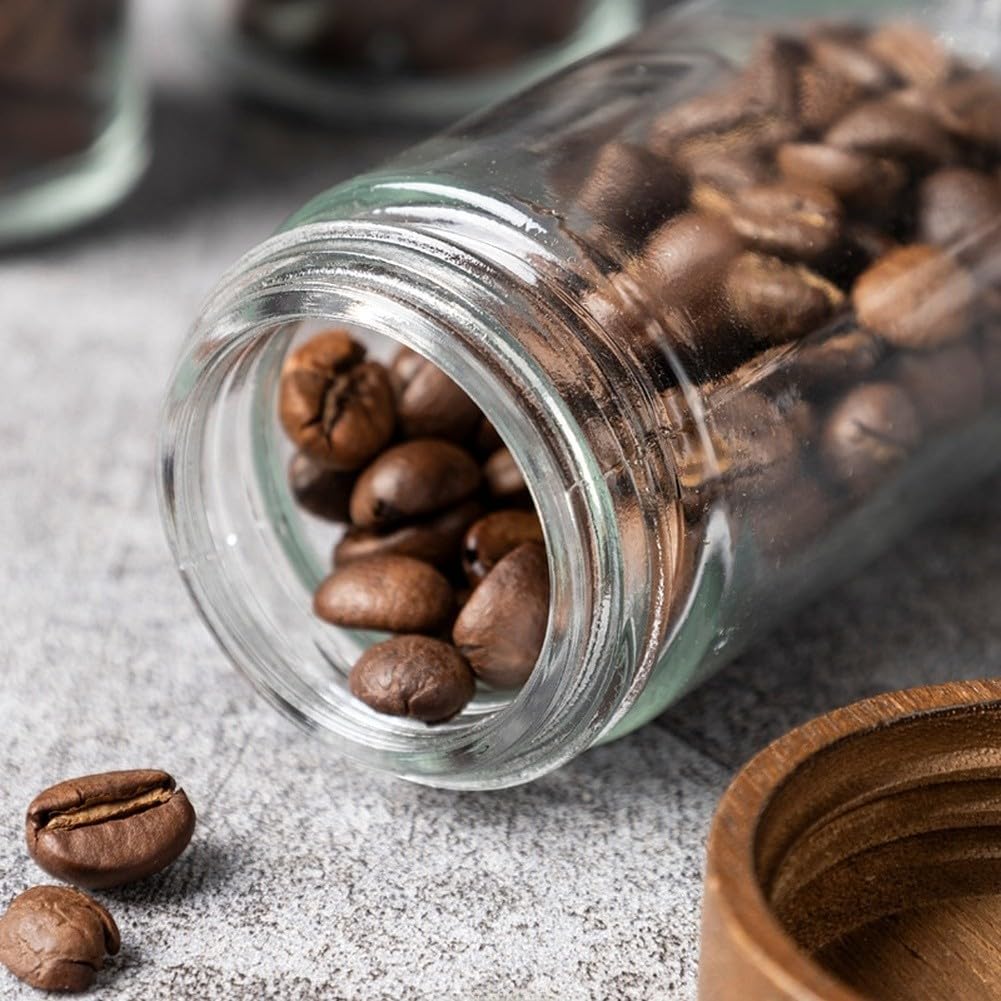 Barattolo ermetico per chicchi di caffè con valvola Degas unidirezionale, coperchio in legno di acacia e corpo in vetro trasparente per un facile monitoraggio (C)