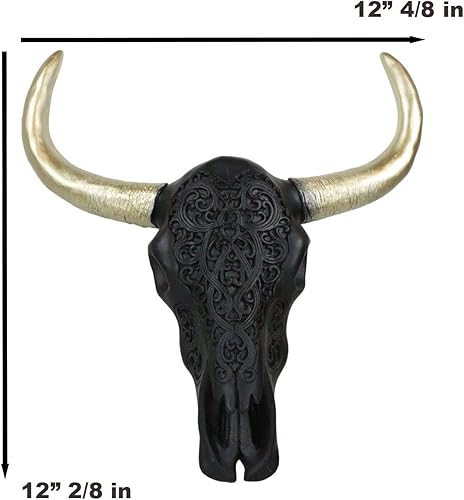 Miniatura 2 de Ebros Gift Black and Gold Tribal Floral Vines Tattoo Tooled Filigrana Steer Bull Cow Skull Head with Horns Wall Mount Decor Artistic Native Animal