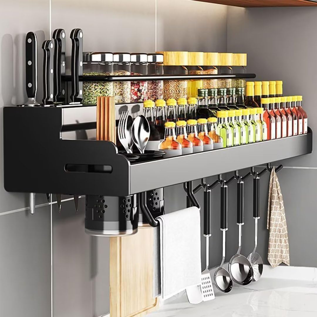 SaryEdge Wall-Mounted Spice Rack nizer - 60cm Kitchen Shelf with 12 Hooks, No Drilling Required, Black Stainless Steel for Kitchen & Bathroom Storage Solutions,40cm-normal