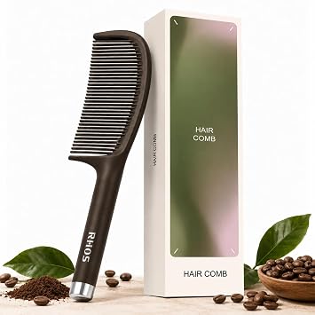 RHOS Fine Tooth Hair Comb with Handle, Lightweight Anti-Static Styling and Detangling Comb for Women and Men, Daily Smooth Comb, Wet & Dry Use, Coffee Brown
