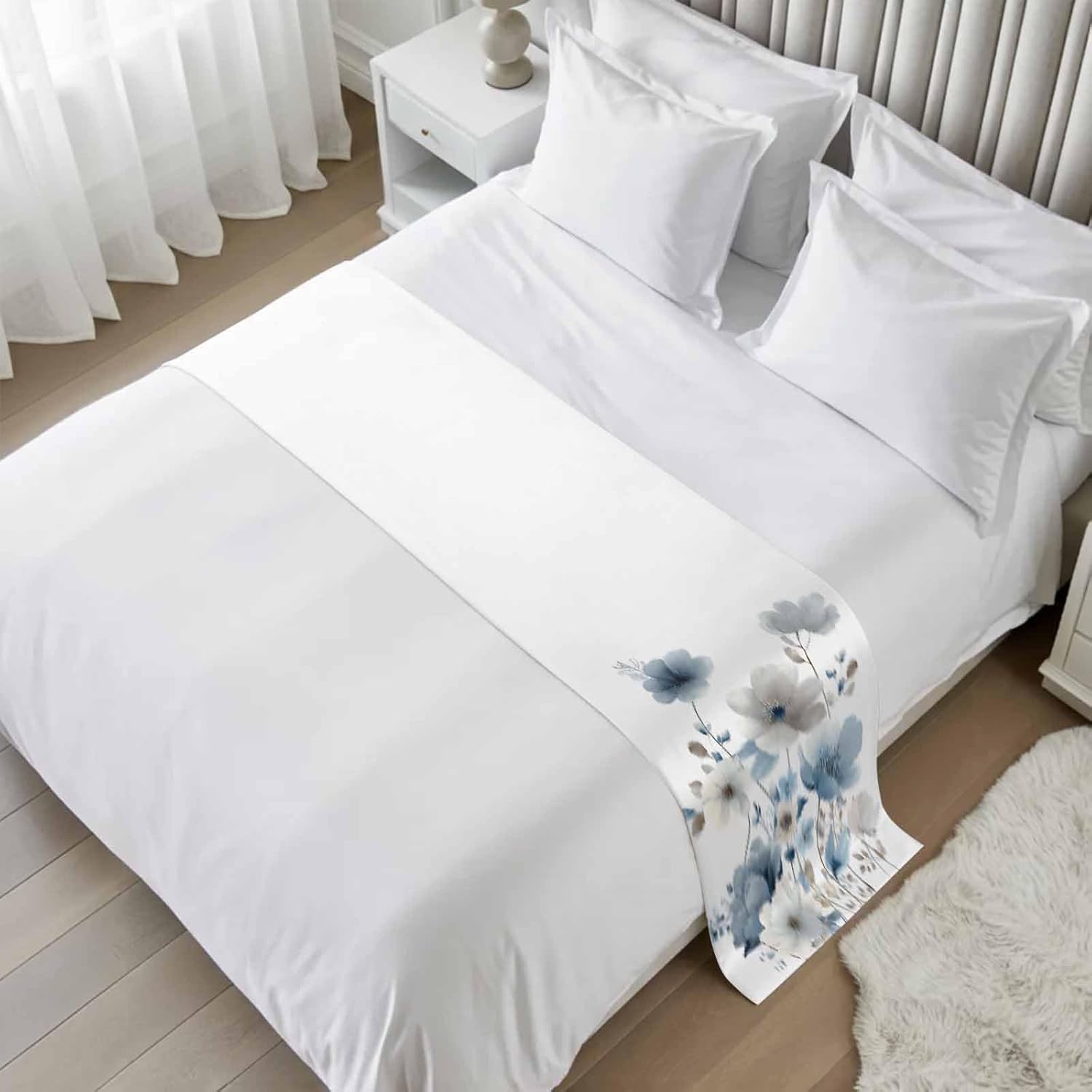 Blue Grey Floral Bed Runner Bedding Decorative Scarf for Fits Cal King Bed, Watercolor Flowers Farmhouse Luxury Fine Print Foot Throw with Satin for Hotels Homes, Guest Rooms, 102" x 20"