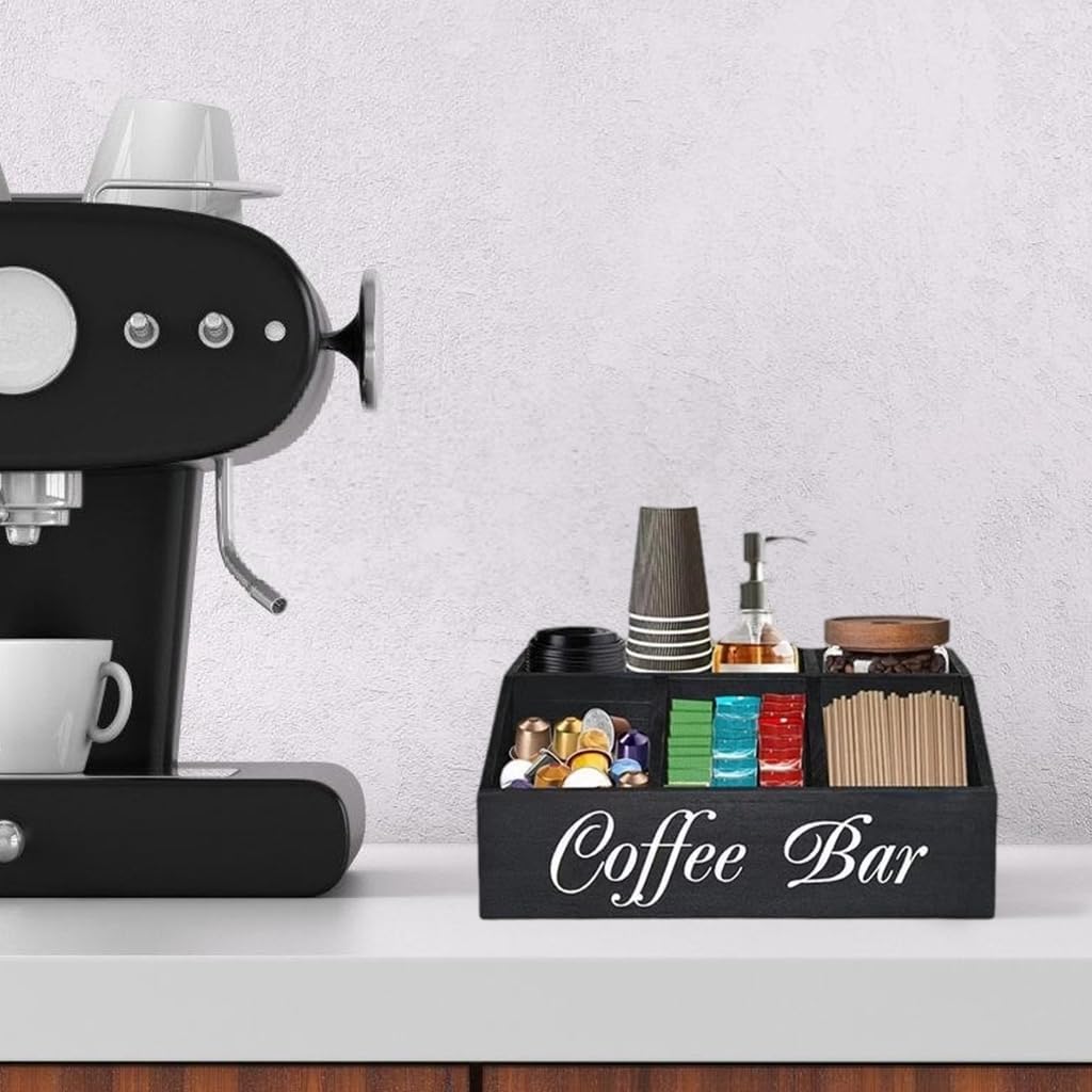 Multi Functional Coffee Accessories Storage Box Natural Wood Teas Condiment Organiser with Multiple Compartments