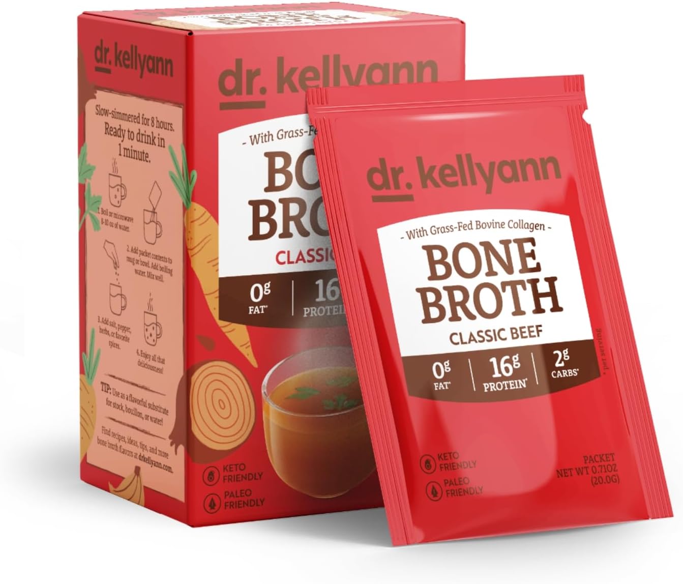 Dr. Kellyann Classic Beef Bone Broth Collagen Powder Packets (7 Servings) – 16g Protein, Grass-Fed Hydrolyzed Collagen, Keto & Paleo-Friendly