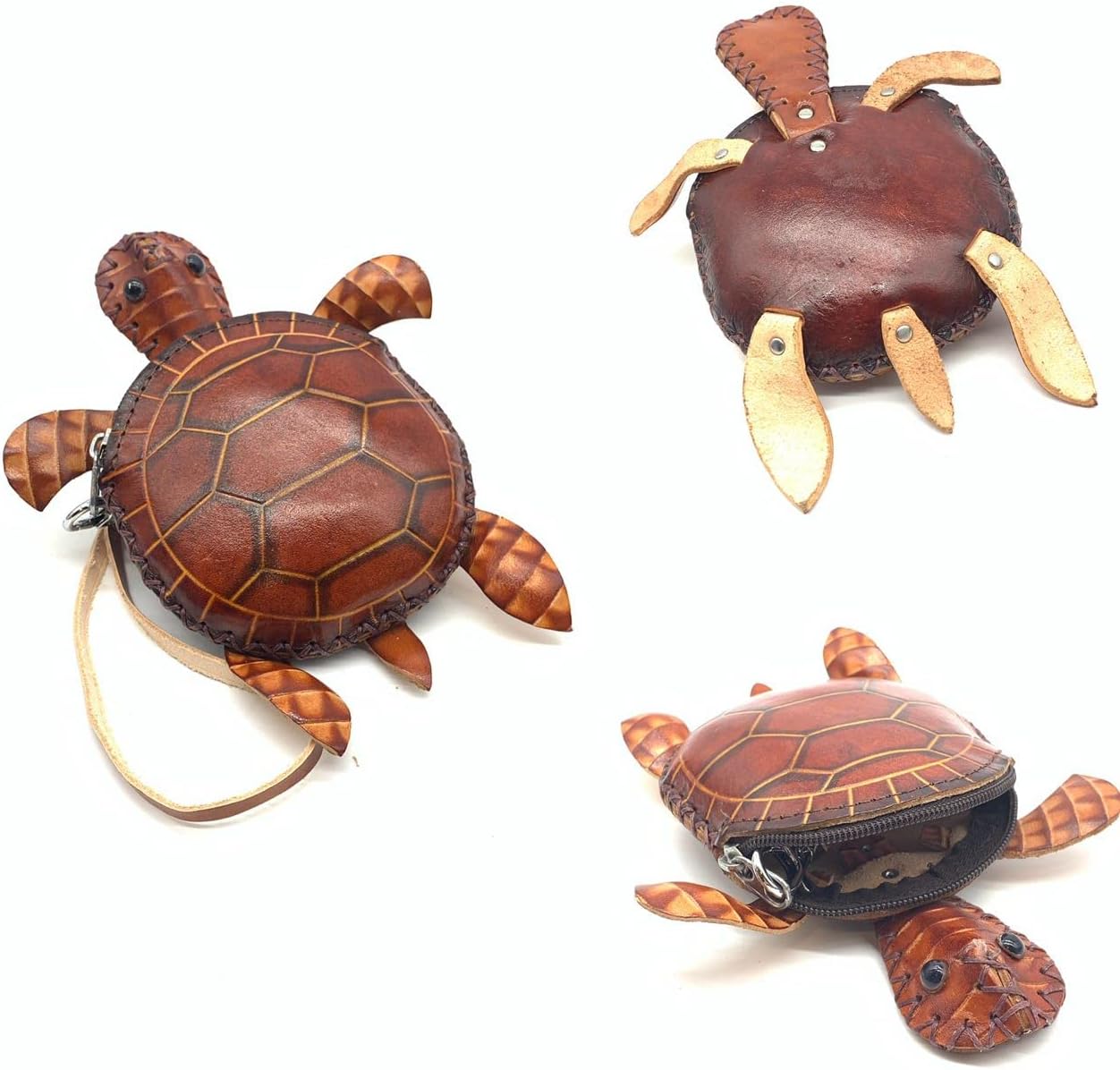 Handmade Vintage Genuine Brown Leather 3D Turtle Money Coin Purse With Removable Wrist Strap