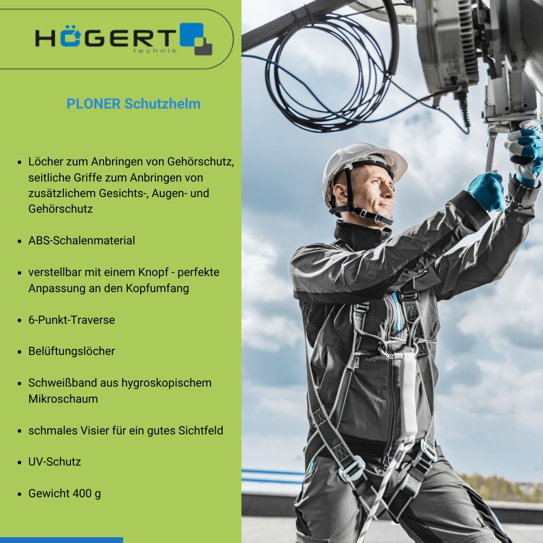 Högert Technik - Casco protettivo PLONER bianco tinta unita | Casco protettivo per lavoratori edili | EN 397 | regolabile con un pulsante | fori di ventilazione | fascia di sudore | protezione dai