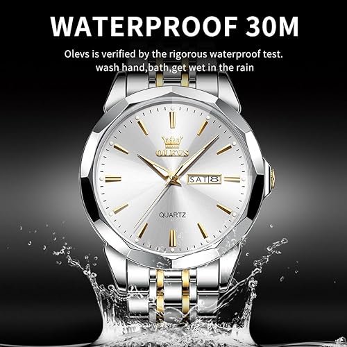 Miniatura 4 de OLEVS Watch for Men Diamond Business Dress Analog Quartz Stainless Steel Waterproof Luminous Date Two Tone Luxury Casual Wrist Watch Blue